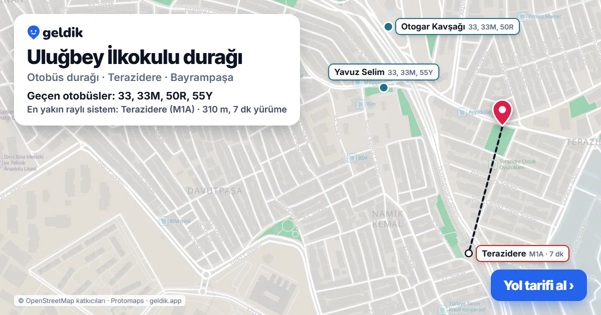 Uluğbey İlkokulu otobüs durağı haritada: konumu ve yakındaki duraklar