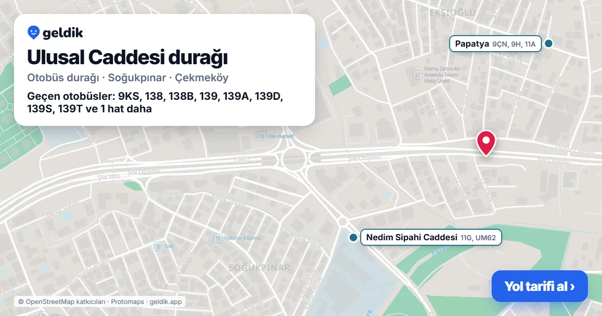 Ulusal Caddesi otobüs durağı haritada: konumu ve yakındaki duraklar