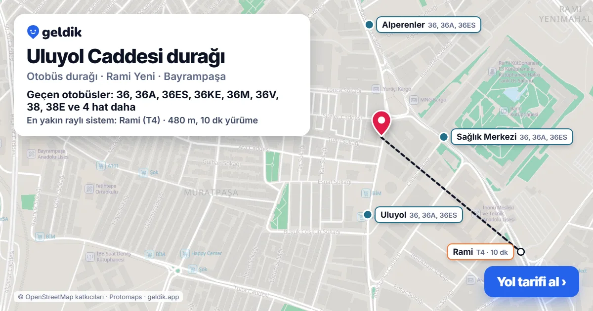 Uluyol Caddesi otobüs durağı haritada: konumu ve yakındaki duraklar
