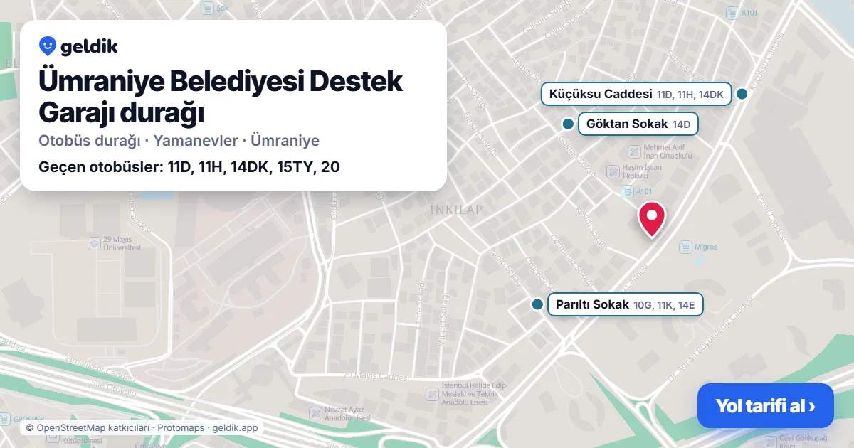 Ümraniye Belediyesi Destek Garajı otobüs durağı haritada: konumu ve yakındaki duraklar