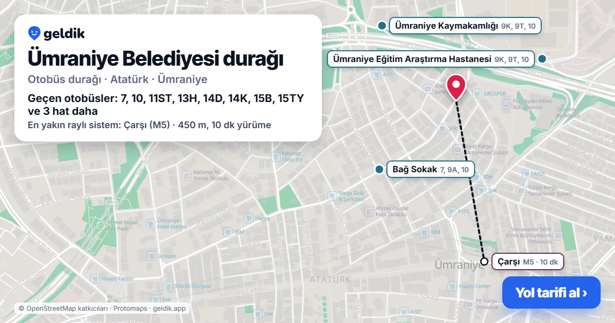 Ümraniye Belediyesi otobüs durağı haritada: konumu ve yakındaki duraklar