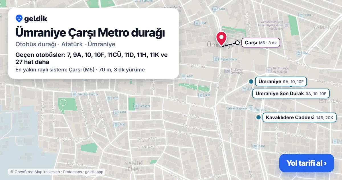 Ümraniye Çarşı Metro otobüs durağı haritada: konumu ve yakındaki duraklar