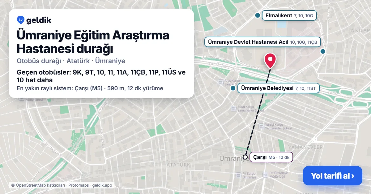 Ümraniye Eğitim Araştırma Hastanesi otobüs durağı haritada: konumu ve yakındaki duraklar