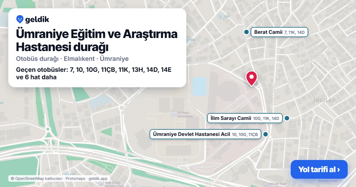 Ümraniye Eğitim ve Araştırma Hastanesi otobüs durağı haritada: konumu ve yakındaki duraklar