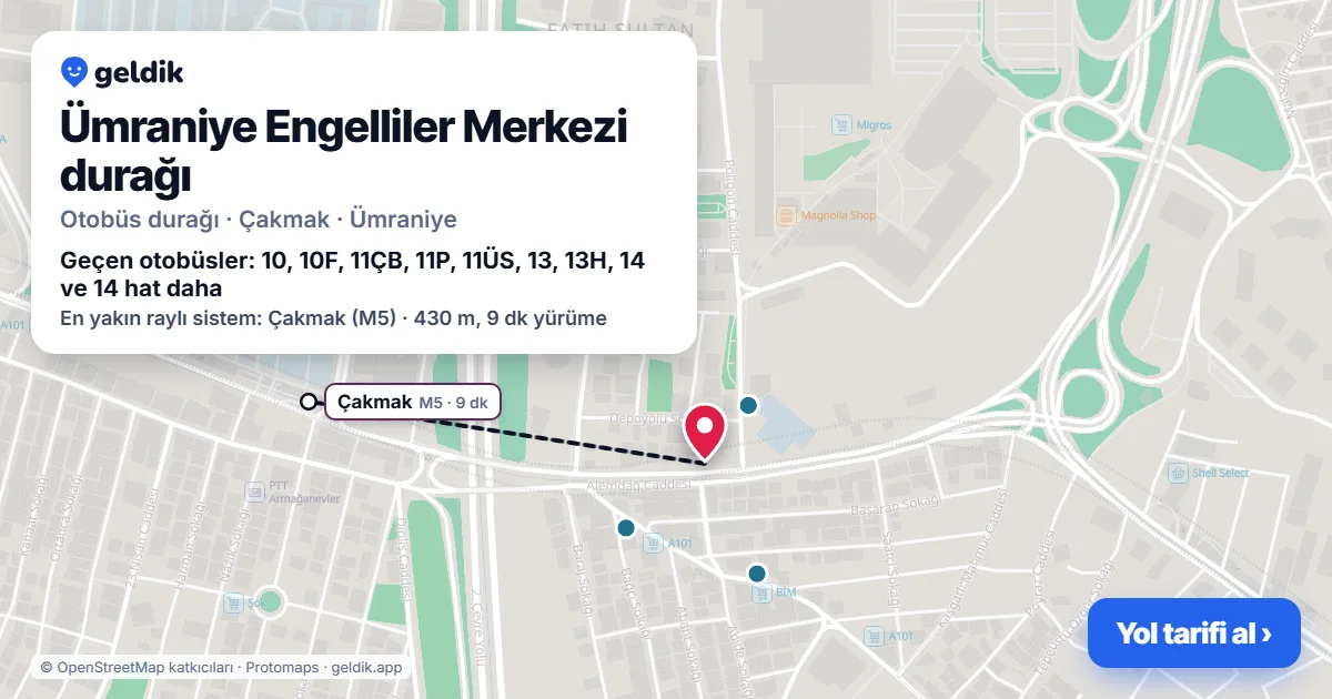 Ümraniye Engelliler Merkezi otobüs durağı haritada: konumu ve yakındaki duraklar