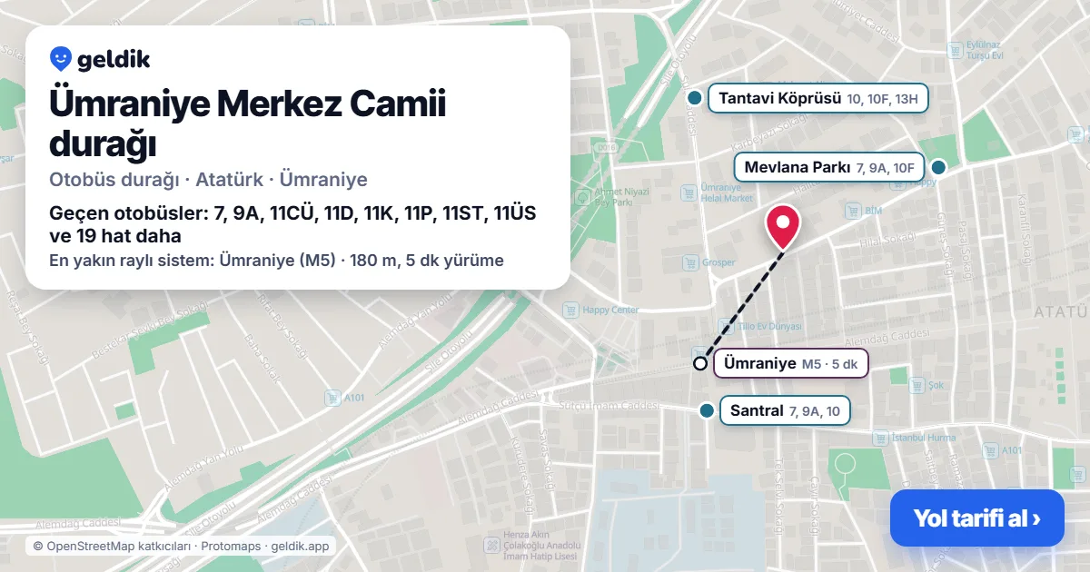 Ümraniye Merkez Camii otobüs durağı haritada: konumu ve yakındaki duraklar
