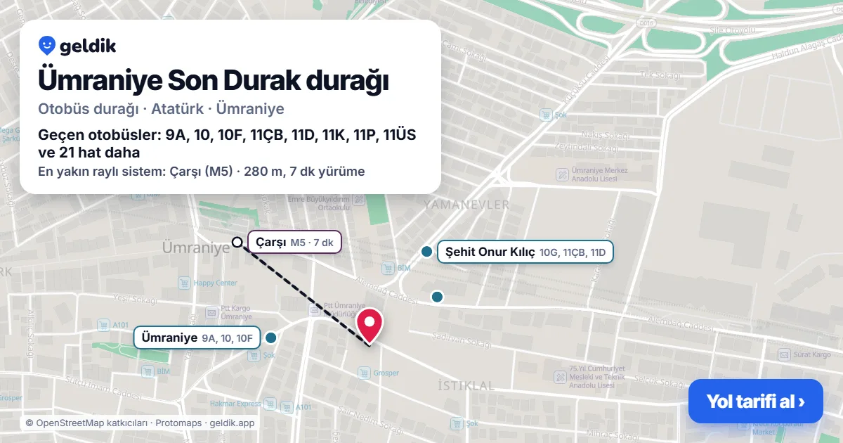 Ümraniye Son Durak otobüs durağı haritada: konumu ve yakındaki duraklar