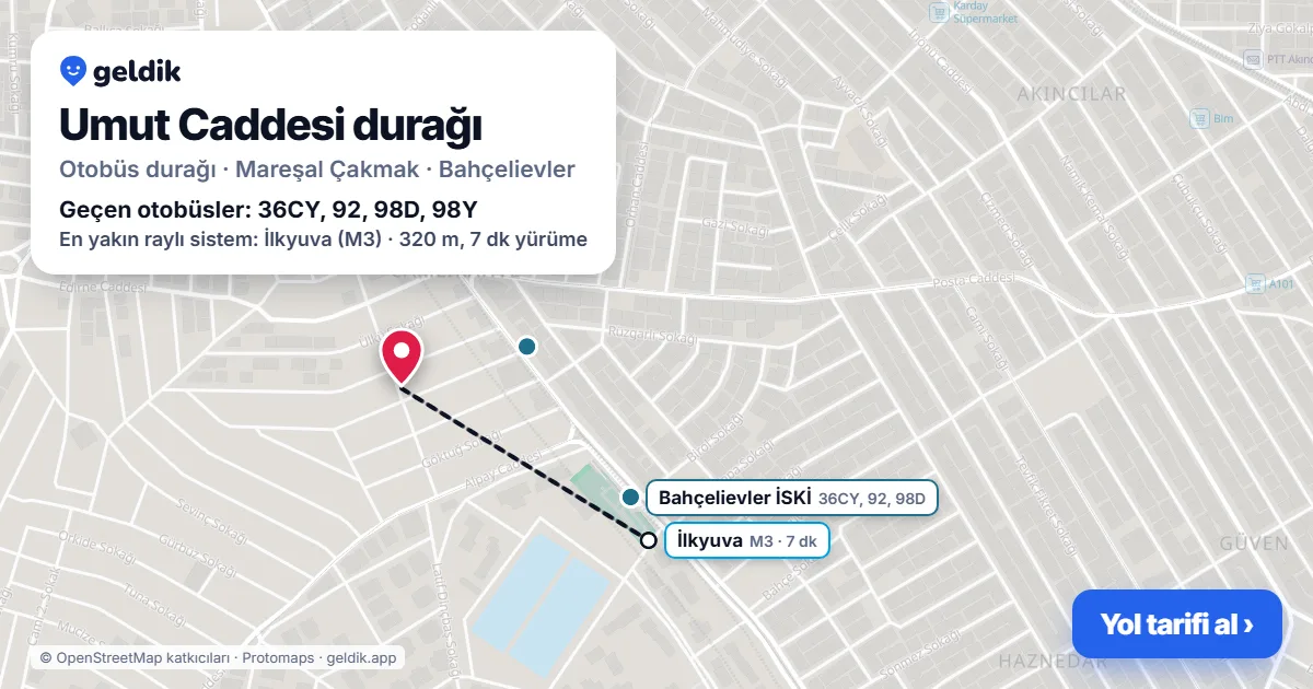 Umut Caddesi otobüs durağı haritada: konumu ve yakındaki duraklar