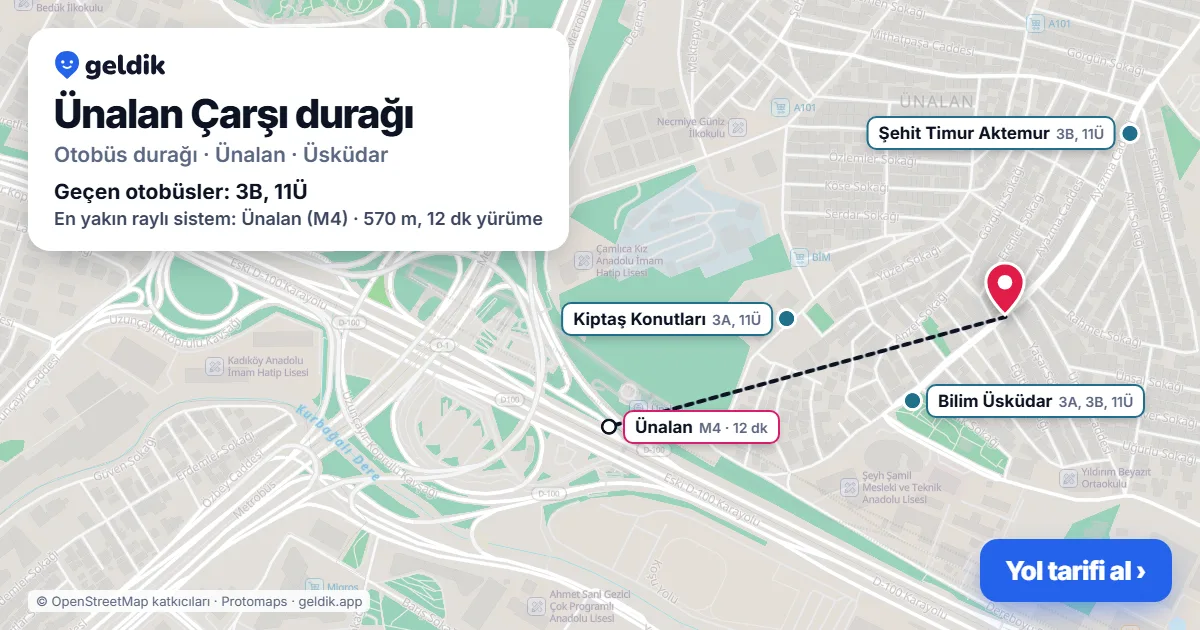 Ünalan Çarşı otobüs durağı haritada: konumu ve yakındaki duraklar
