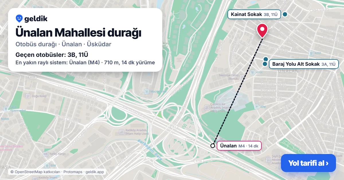 Ünalan Mahallesi otobüs durağı haritada: konumu ve yakındaki duraklar