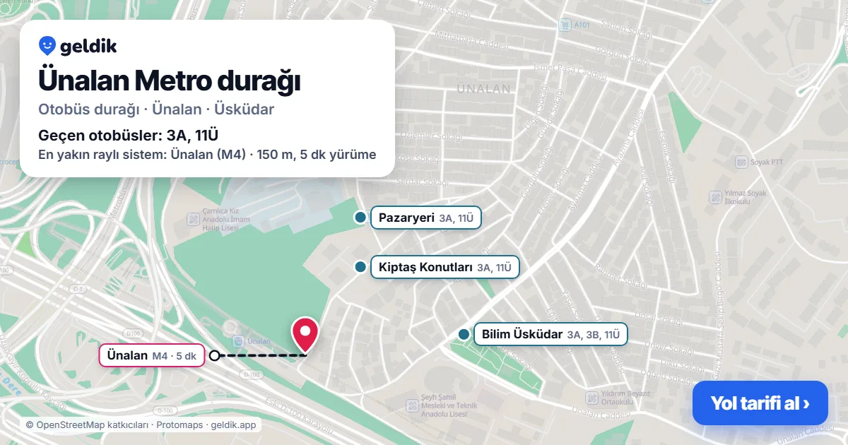 Ünalan Metro otobüs durağı haritada: konumu ve yakındaki duraklar
