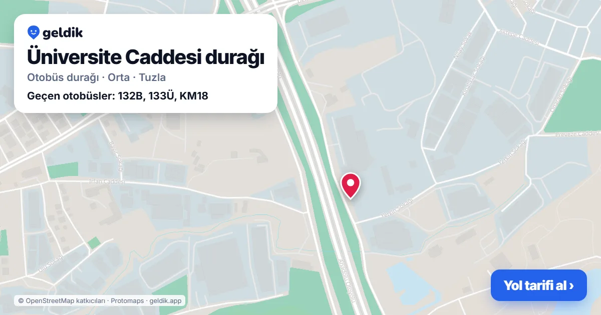 Üniversite Caddesi otobüs durağı haritada: konumu ve yakındaki duraklar