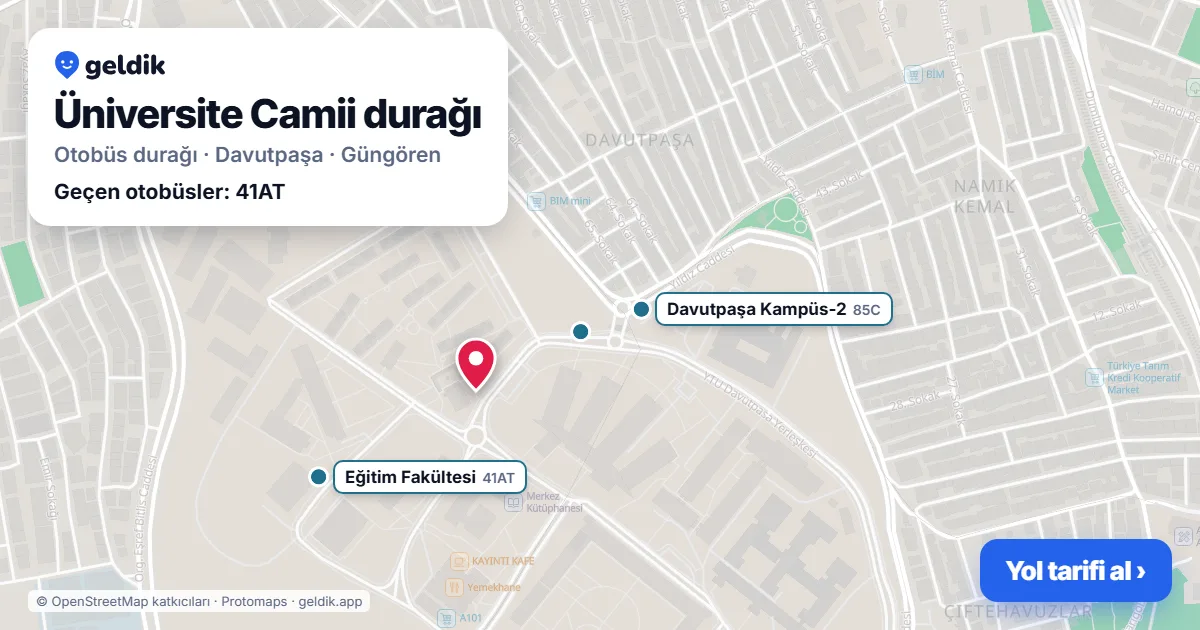 Üniversite Camii otobüs durağı haritada: konumu ve yakındaki duraklar