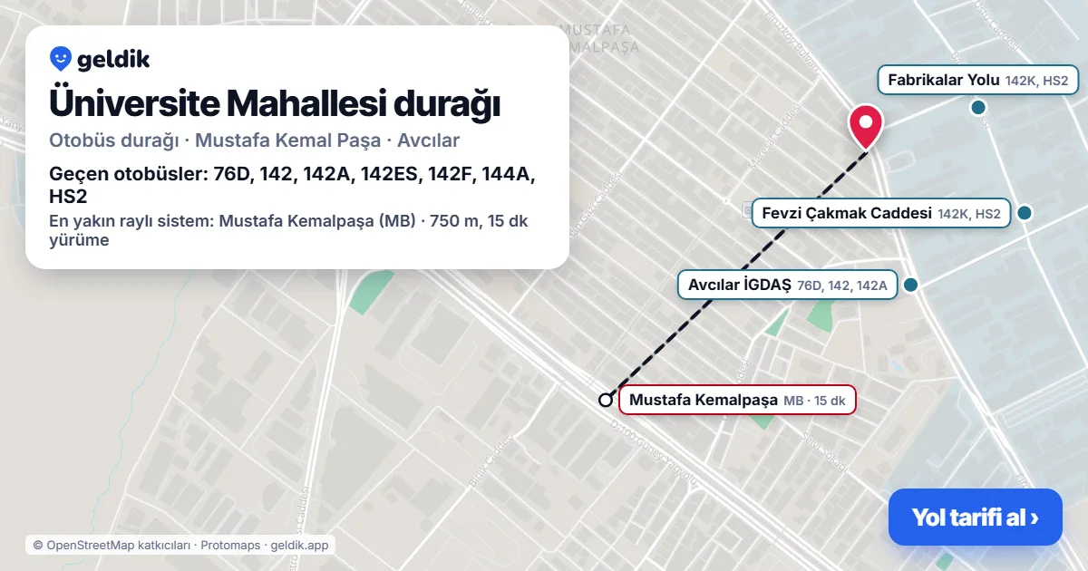 Üniversite Mahallesi otobüs durağı haritada: konumu ve yakındaki duraklar