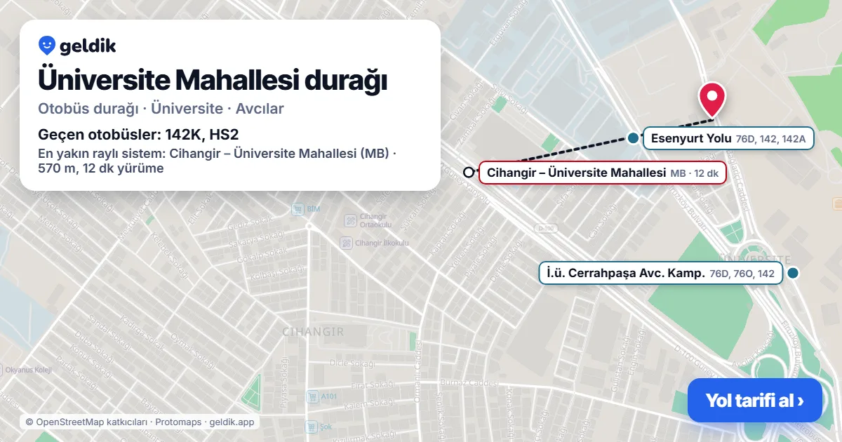 Üniversite Mahallesi otobüs durağı haritada: konumu ve yakındaki duraklar