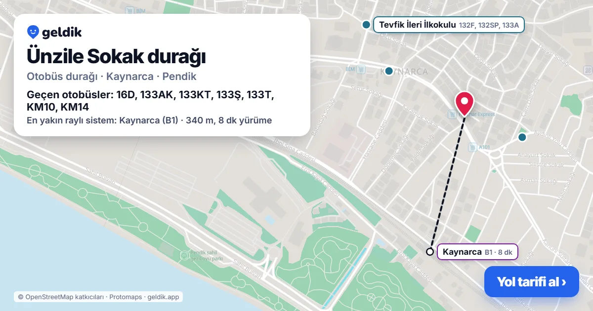 Ünzile Sokak otobüs durağı haritada: konumu ve yakındaki duraklar