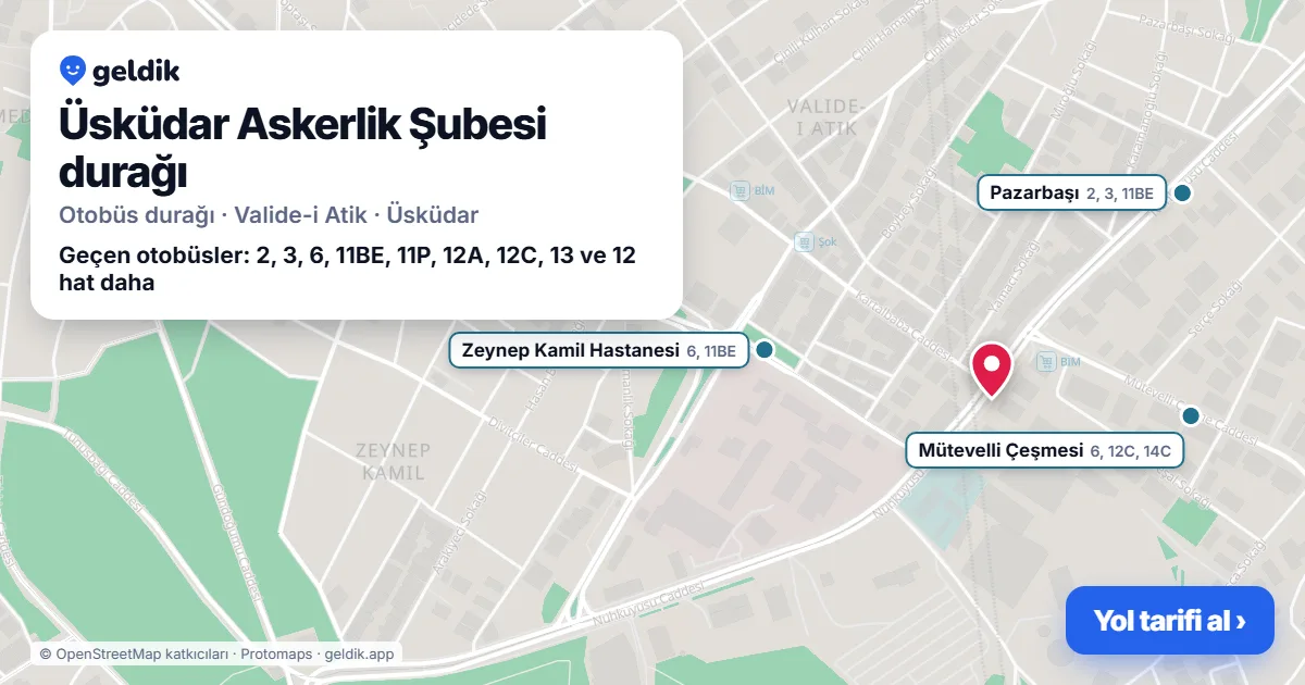 Üsküdar Askerlik Şubesi otobüs durağı haritada: konumu ve yakındaki duraklar