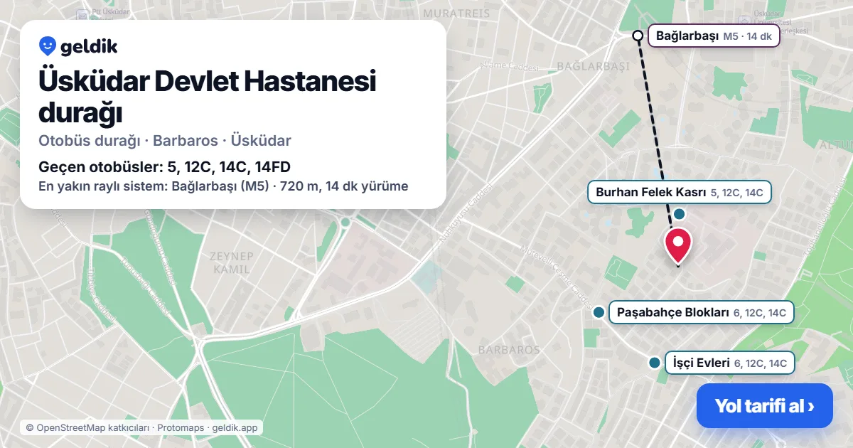 Üsküdar Devlet Hastanesi otobüs durağı haritada: konumu ve yakındaki duraklar