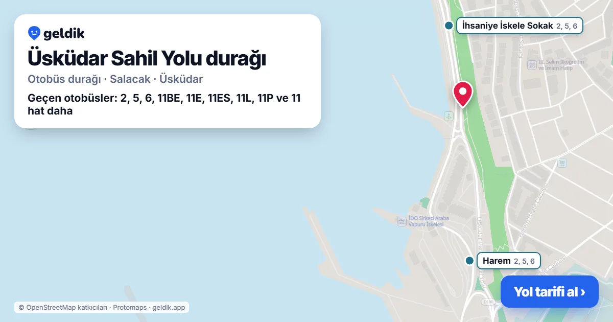 Üsküdar Sahil Yolu otobüs durağı haritada: konumu ve yakındaki duraklar