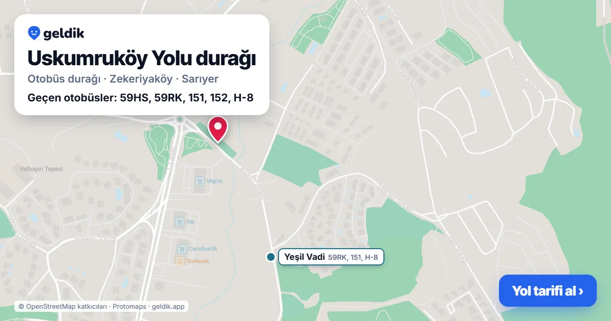 Uskumruköy Yolu otobüs durağı haritada: konumu ve yakındaki duraklar