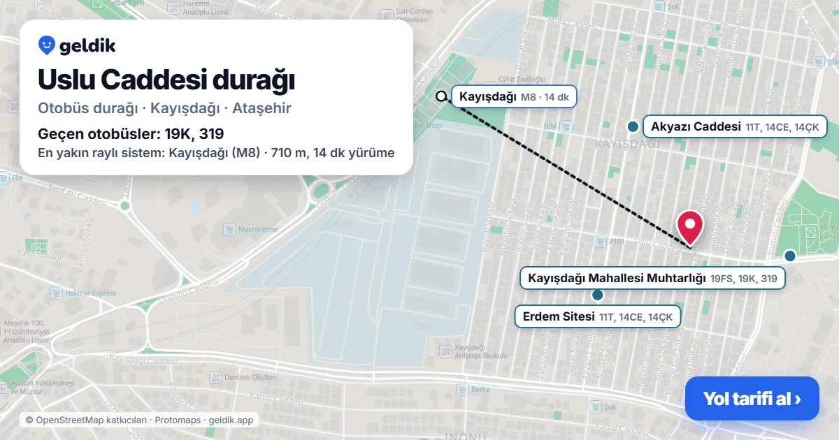 Uslu Caddesi otobüs durağı haritada: konumu ve yakındaki duraklar