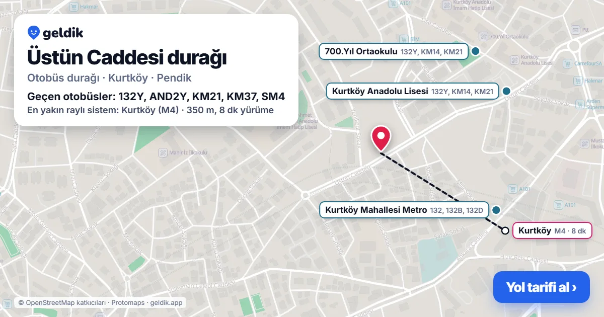 Üstün Caddesi otobüs durağı haritada: konumu ve yakındaki duraklar