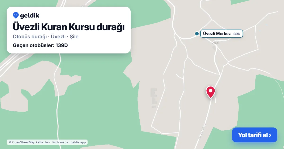 Üvezli Kuran Kursu otobüs durağı haritada: konumu ve yakındaki duraklar