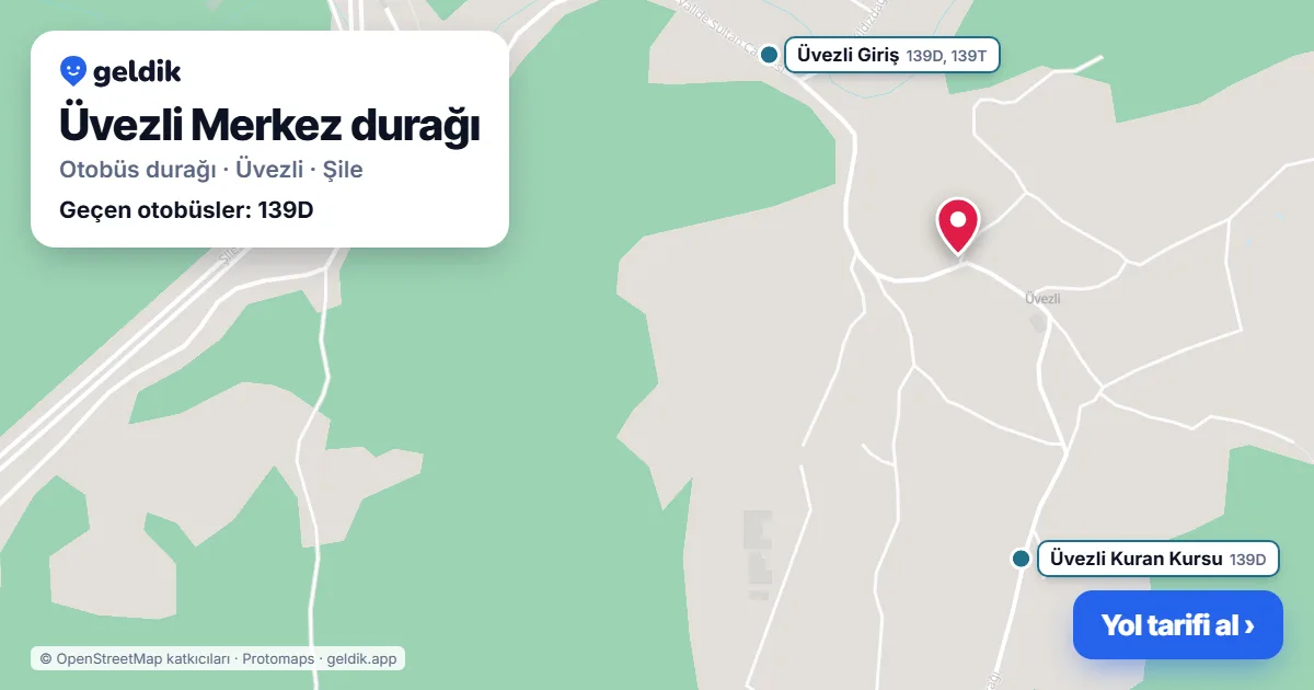 Üvezli Merkez otobüs durağı haritada: konumu ve yakındaki duraklar