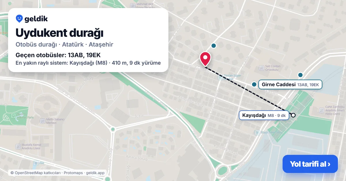 Uydukent otobüs durağı haritada: konumu ve yakındaki duraklar