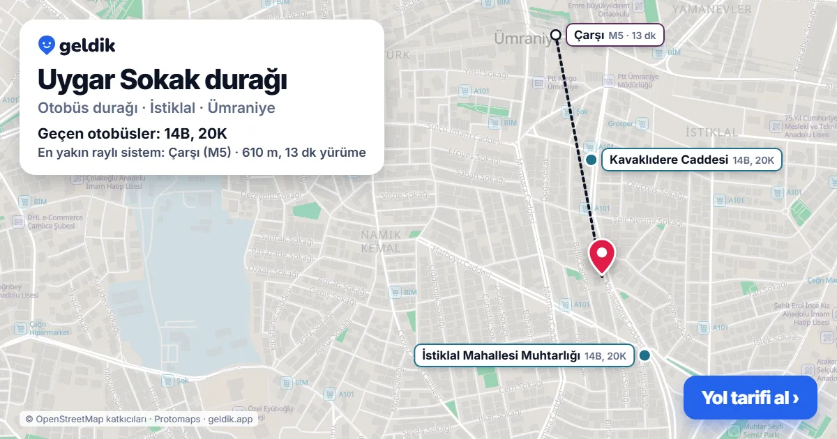 Uygar Sokak otobüs durağı haritada: konumu ve yakındaki duraklar