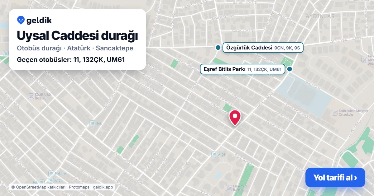 Uysal Caddesi otobüs durağı haritada: konumu ve yakındaki duraklar