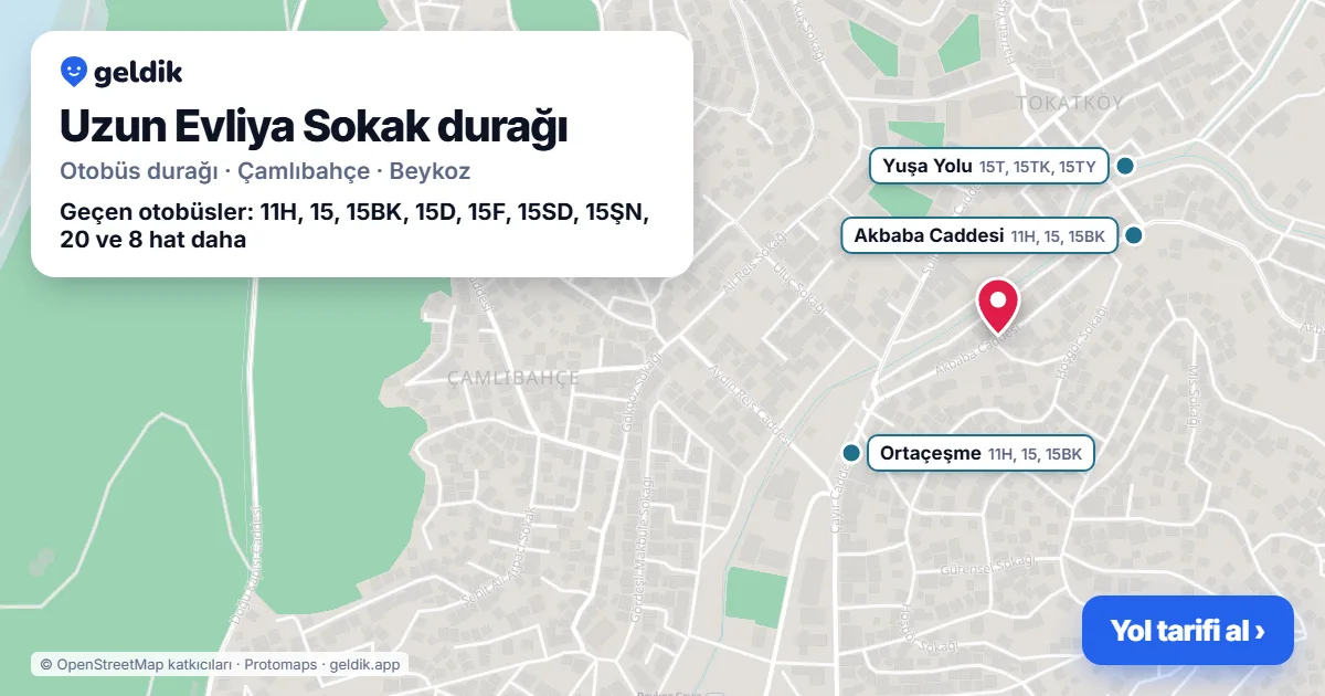 Uzun Evliya Sokak otobüs durağı haritada: konumu ve yakındaki duraklar