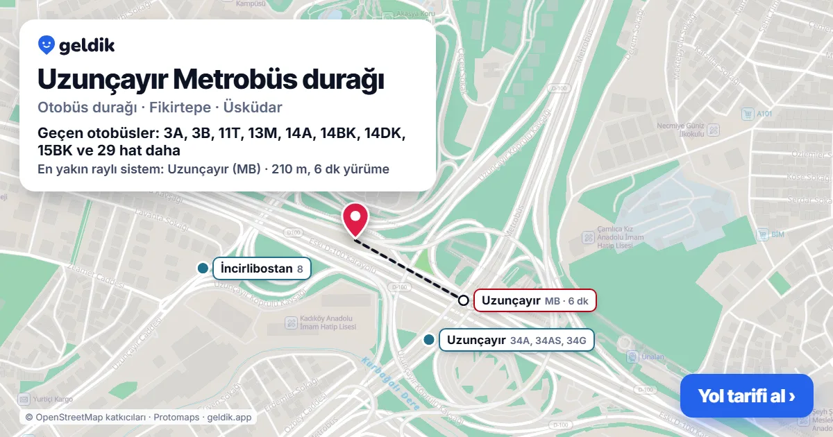 Uzunçayır Metrobüs otobüs durağı haritada: konumu ve yakındaki duraklar
