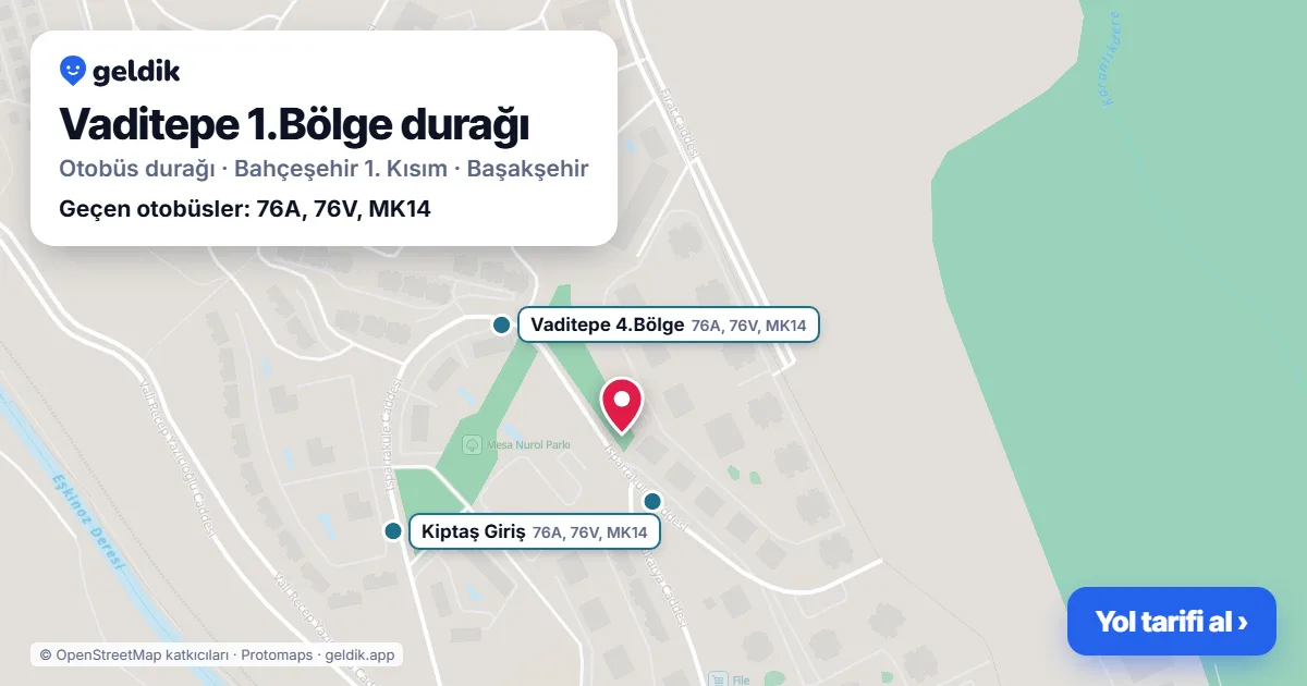 Vaditepe 1.Bölge otobüs durağı haritada: konumu ve yakındaki duraklar