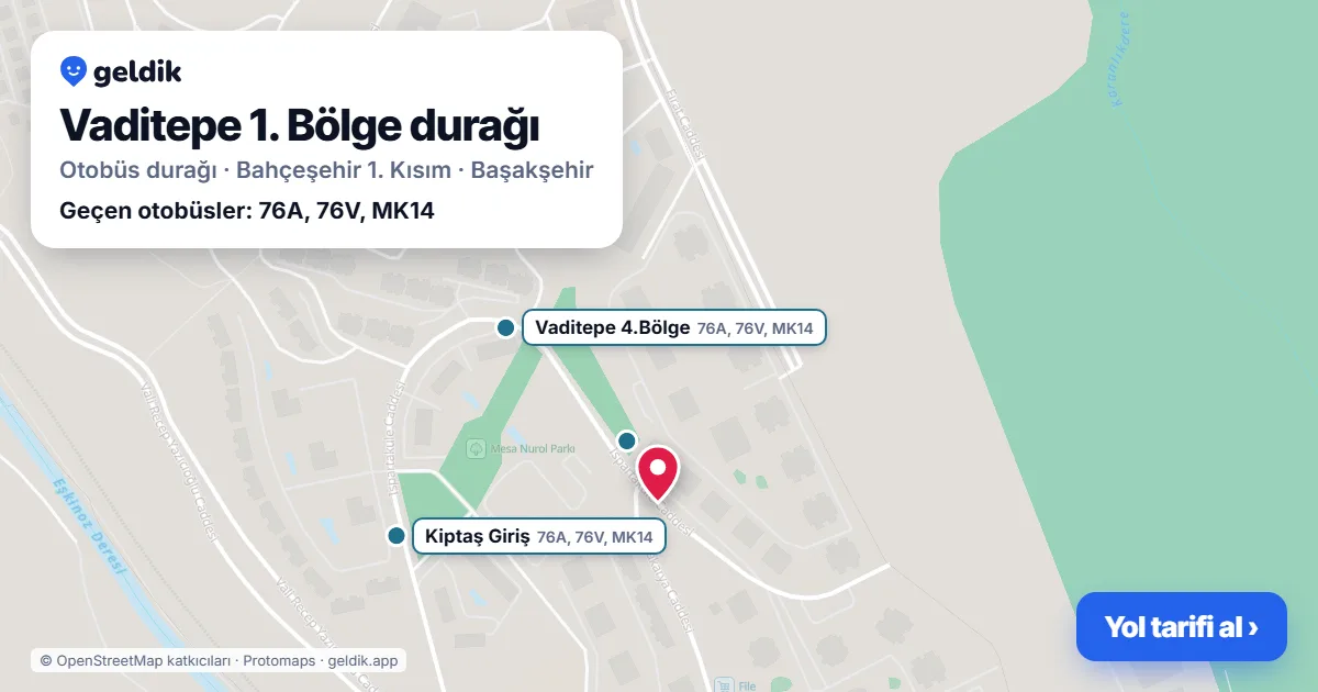 Vaditepe 1. Bölge otobüs durağı haritada: konumu ve yakındaki duraklar