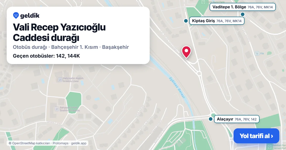 Vali Recep Yazıcıoğlu Caddesi otobüs durağı haritada: konumu ve yakındaki duraklar