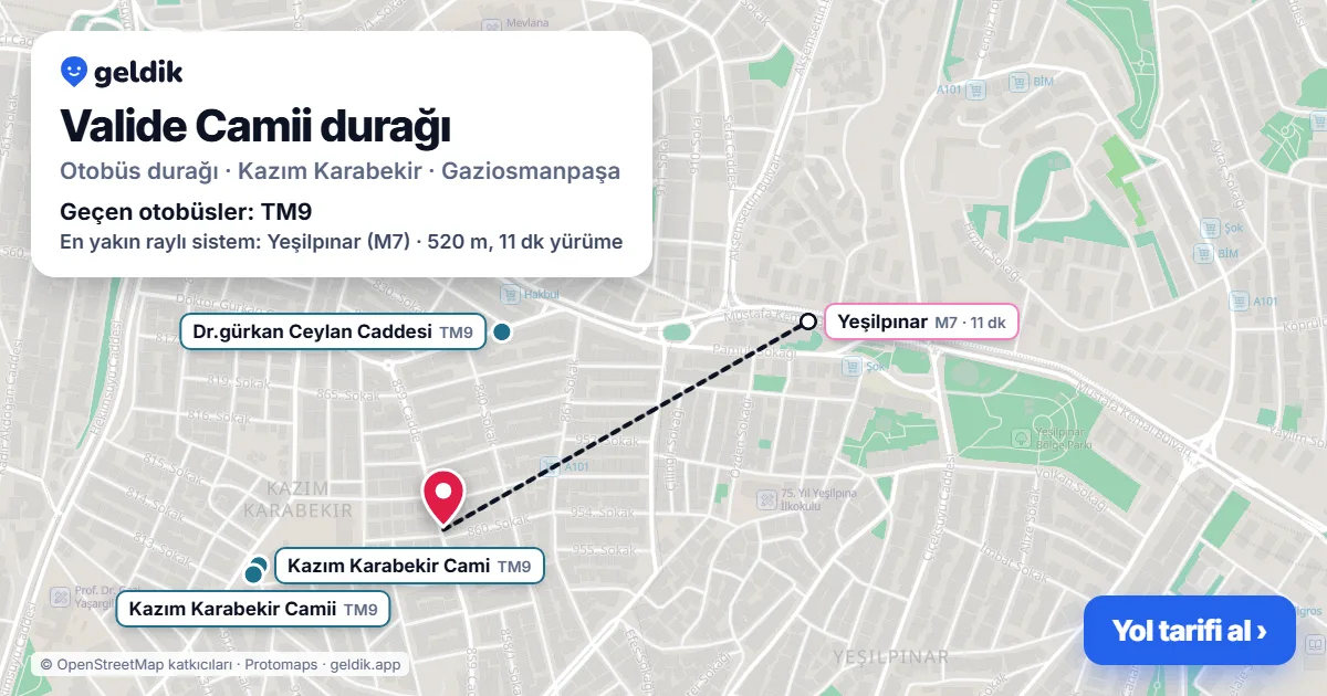 Valide Camii otobüs durağı haritada: konumu ve yakındaki duraklar