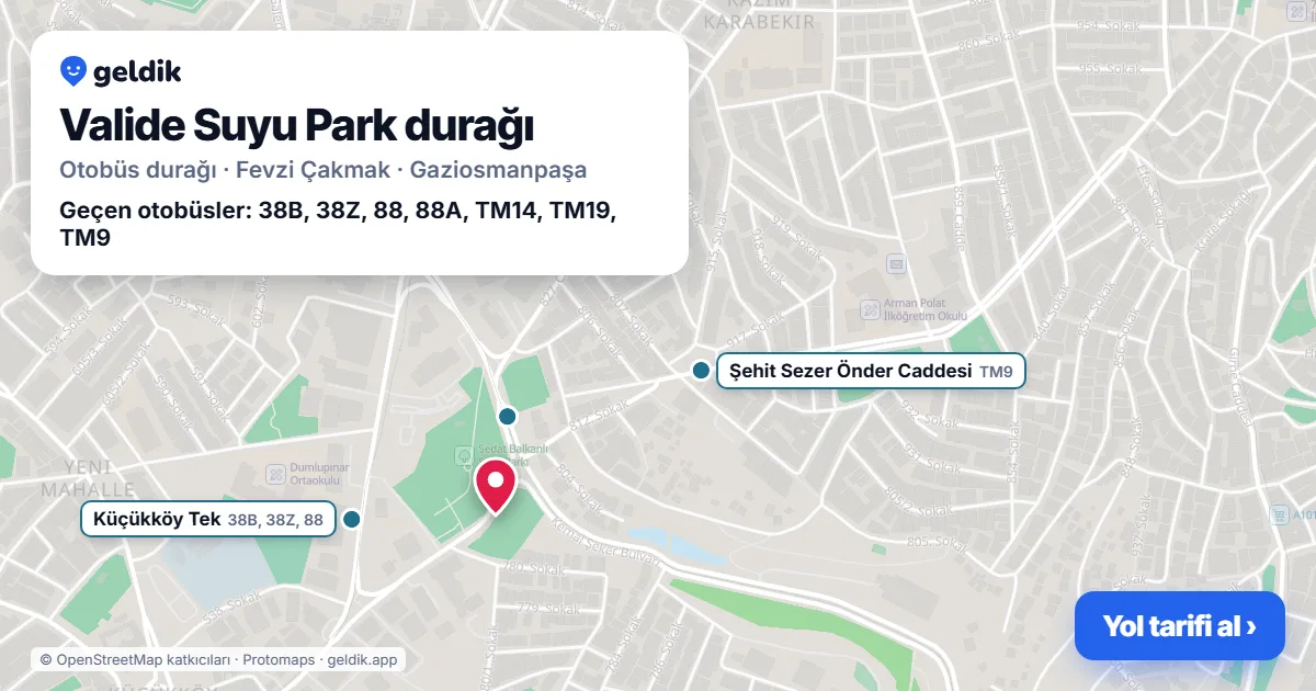Valide Suyu Park otobüs durağı haritada: konumu ve yakındaki duraklar