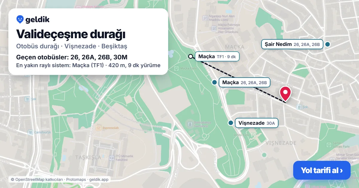 Valideçeşme otobüs durağı haritada: konumu ve yakındaki duraklar