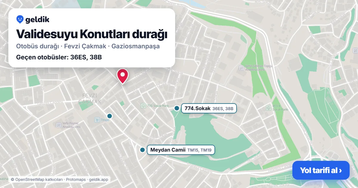 Validesuyu Konutları otobüs durağı haritada: konumu ve yakındaki duraklar