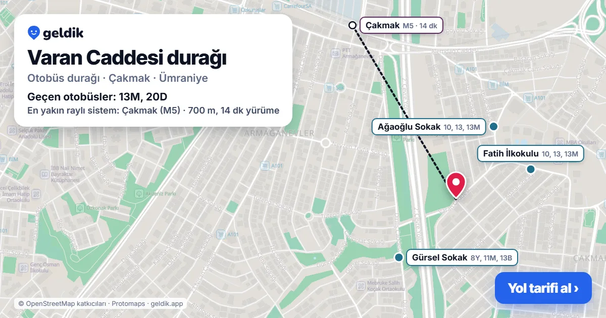 Varan Caddesi otobüs durağı haritada: konumu ve yakındaki duraklar