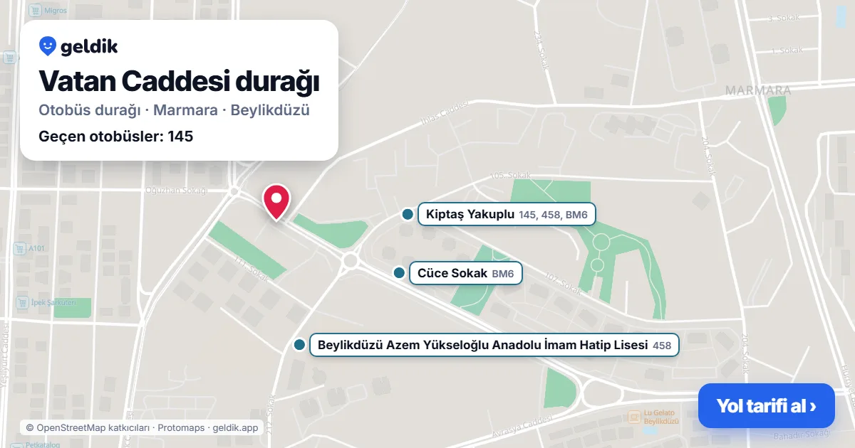 Vatan Caddesi otobüs durağı haritada: konumu ve yakındaki duraklar