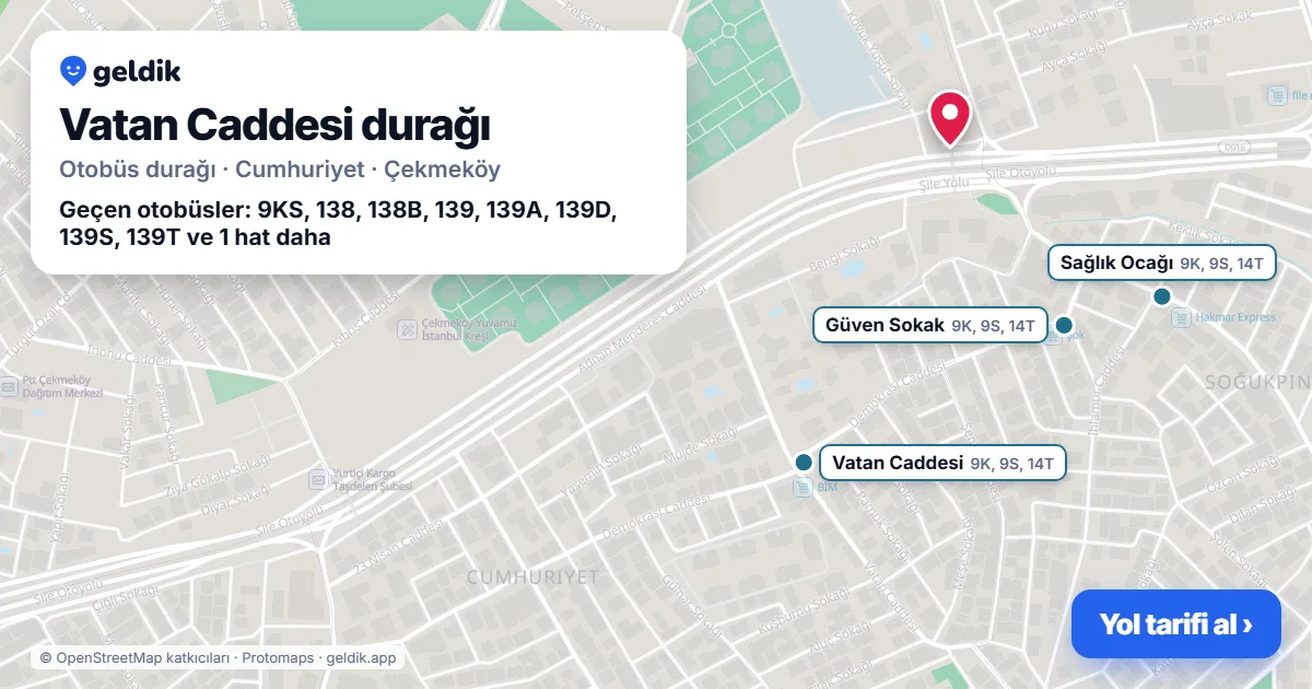 Vatan Caddesi otobüs durağı haritada: konumu ve yakındaki duraklar
