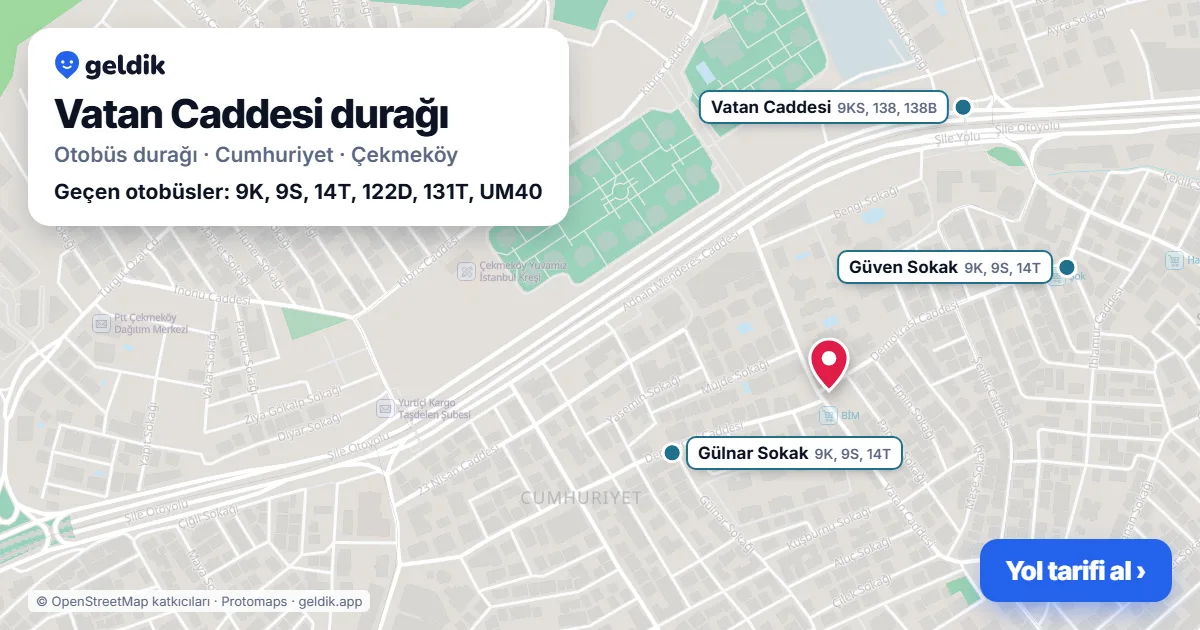 Vatan Caddesi otobüs durağı haritada: konumu ve yakındaki duraklar