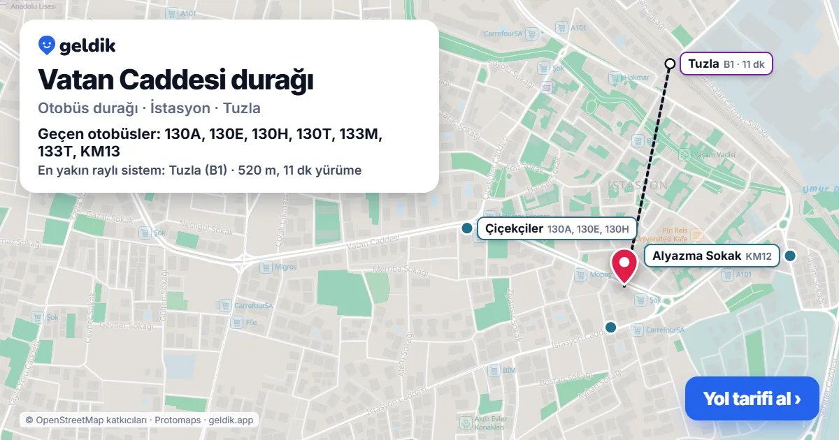 Vatan Caddesi otobüs durağı haritada: konumu ve yakındaki duraklar