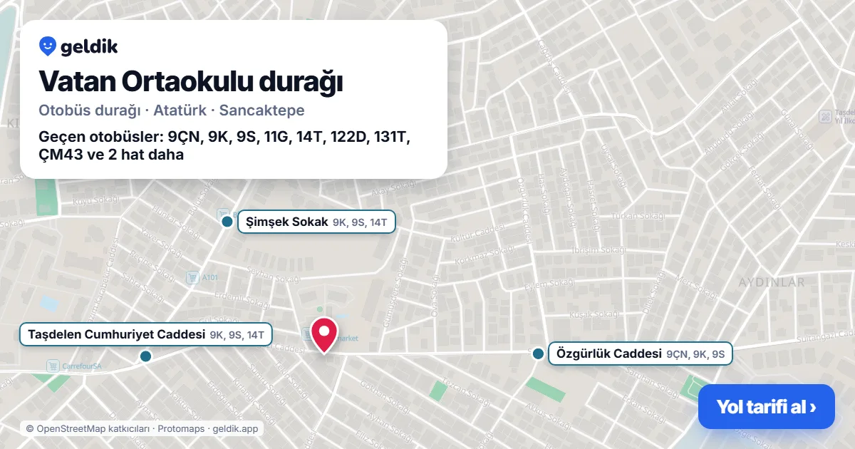 Vatan Ortaokulu otobüs durağı haritada: konumu ve yakındaki duraklar