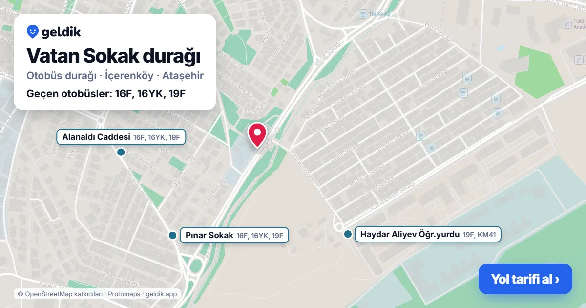 Vatan Sokak otobüs durağı haritada: konumu ve yakındaki duraklar
