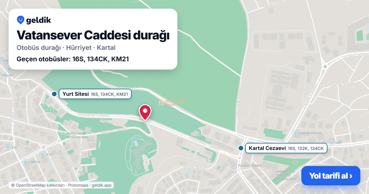 Vatansever Caddesi otobüs durağı haritada: konumu ve yakındaki duraklar