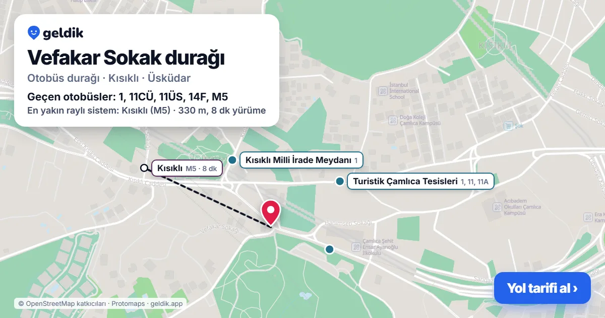 Vefakar Sokak otobüs durağı haritada: konumu ve yakındaki duraklar