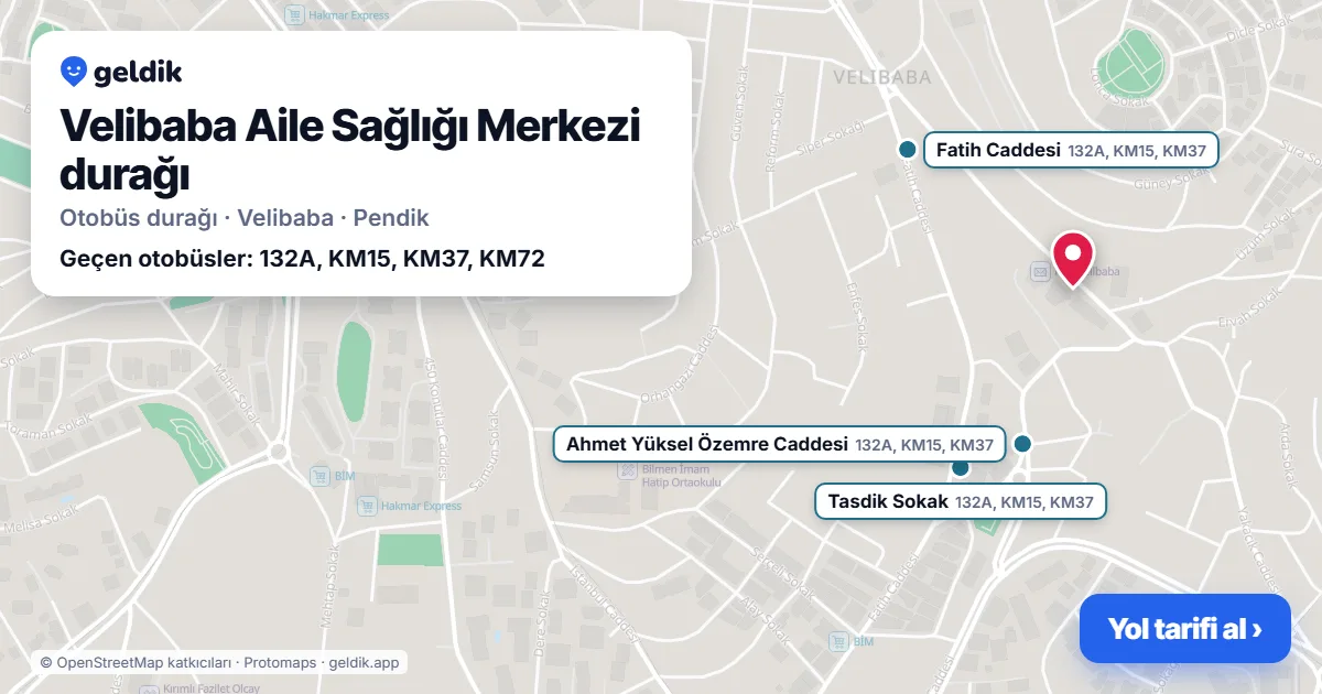 Velibaba Aile Sağlığı Merkezi otobüs durağı haritada: konumu ve yakındaki duraklar